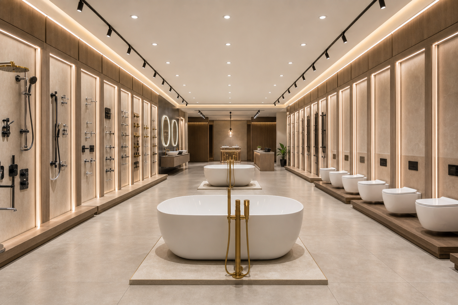 AI concept of a bathware showroom with central freestanding bathtub