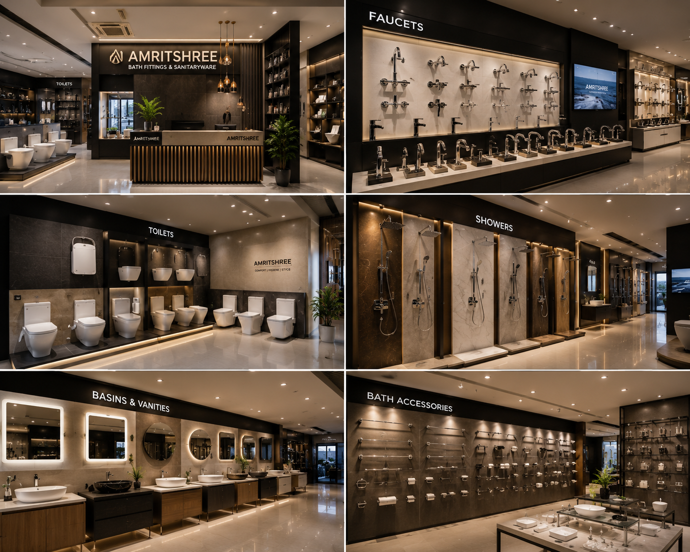 AI concept of a dark premium bathware showroom interior