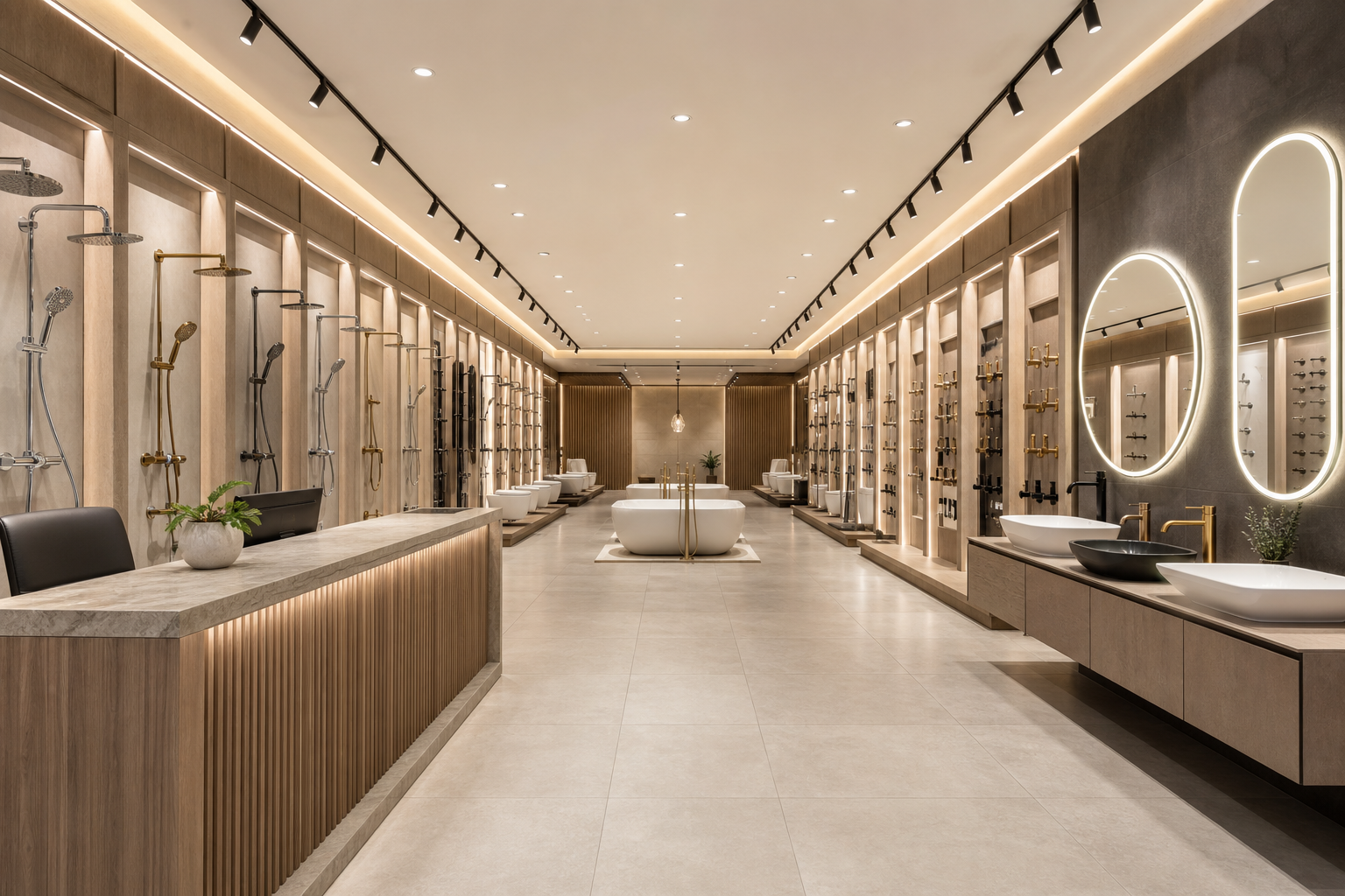 AI concept of a bath fittings showroom aisle with shower and vanity displays