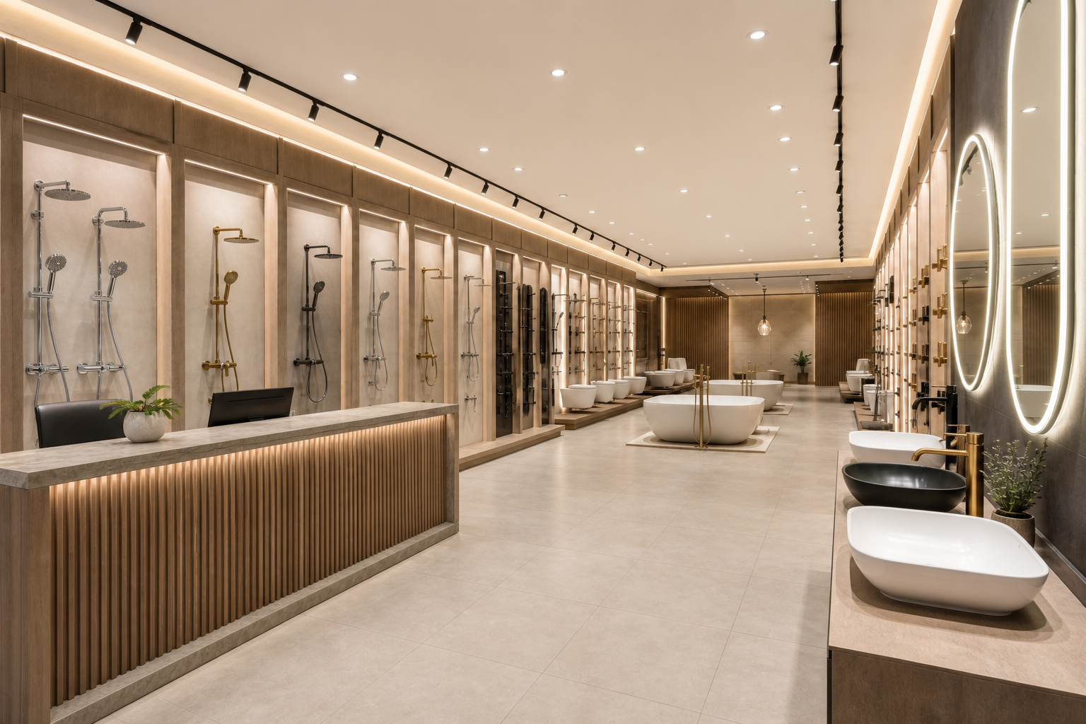 AI concept of a premium bathware showroom reception and display gallery