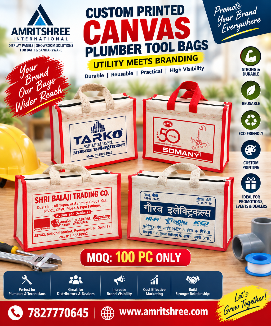 Custom printed canvas plumber tool bags, MOQ 100 pieces