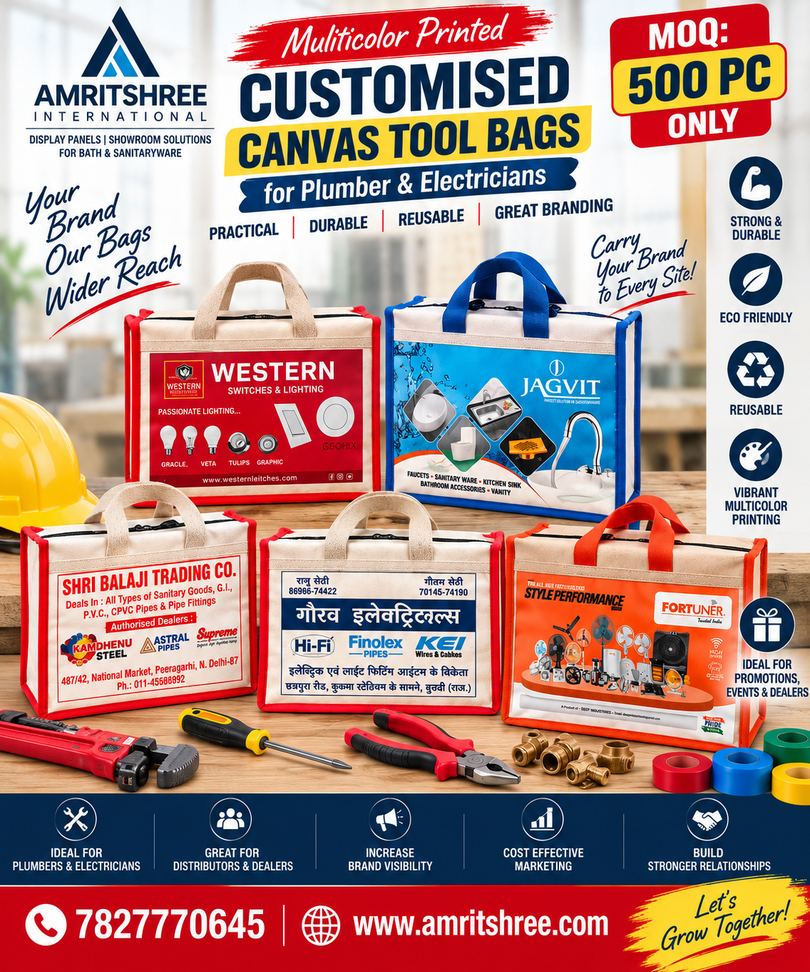 Multicolour customised canvas tool bags, MOQ 500 pieces